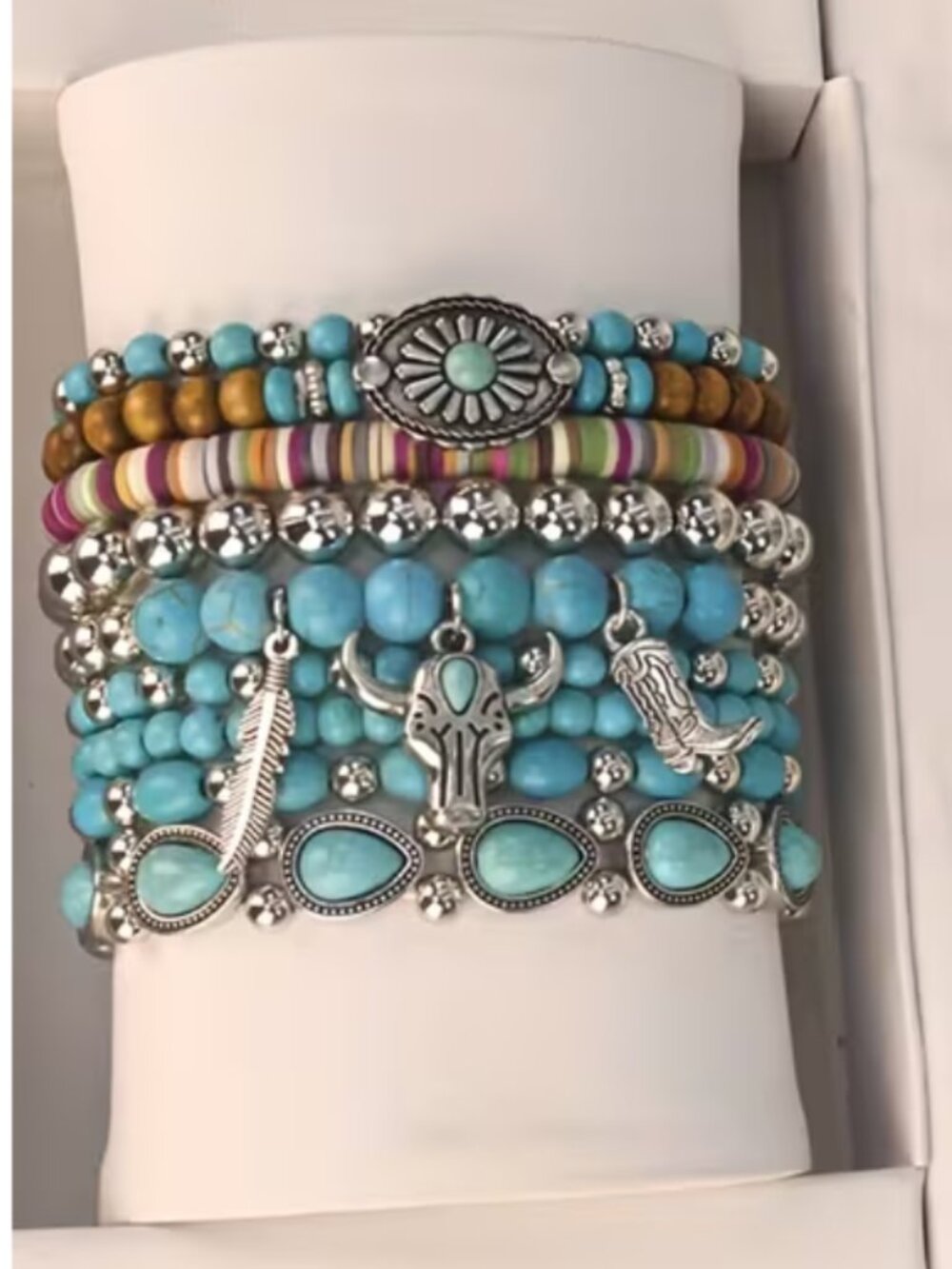 Southwestern Bohemian 8-Piece Stacking Turquoise & Silver Beaded Bracelet Set